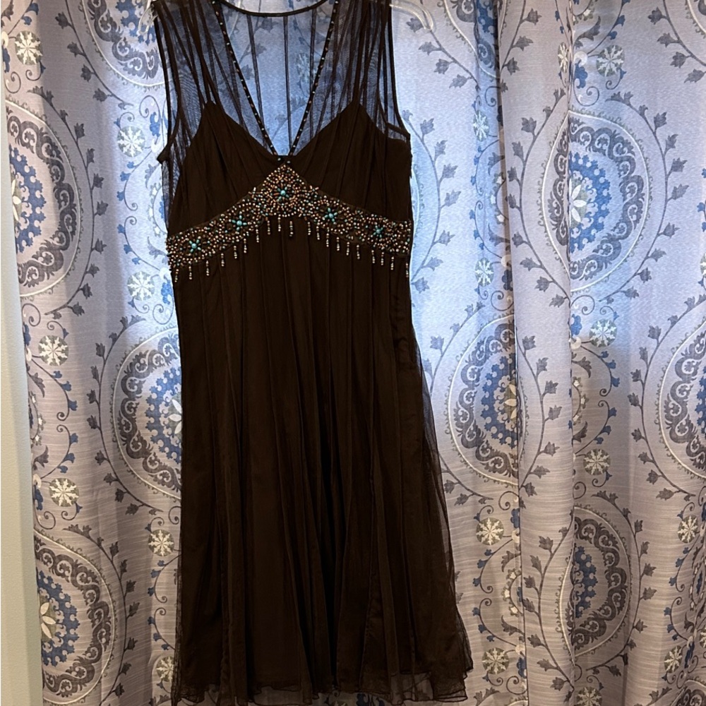 Mixit Brown Midi Dress with Beaded Accents